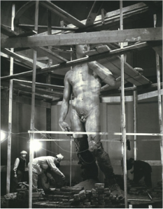 During WWII sculptures that were too large to move were protected by internal scaffolds and sandbags, and then encased in brick. 