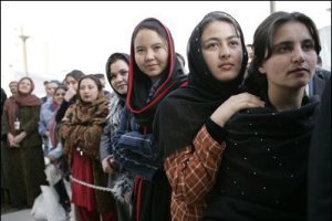 Women waiting in line in Kabul.
