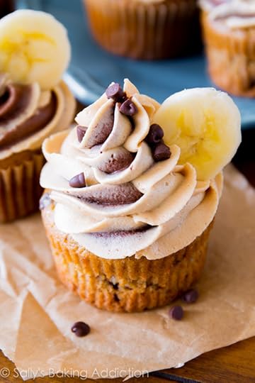 The ultimate trio of your favorite flavors! Super-moist banana chocolate chip cupcakes topped with milk chocolate and peanut butter swirled frosting. 