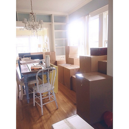 The view from here. Mom and john made a huge dent in packing yesterday. Boxes=progress. #helloadventure