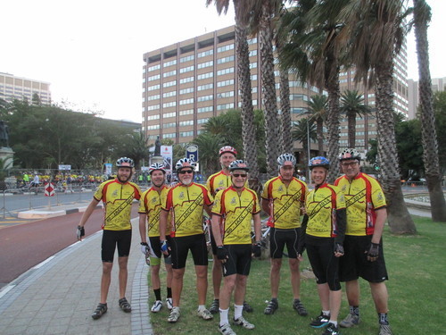 Part of the Mason/Voysey Group-Chris, Luke, Dave, Ed, Robert, Darrel, Kelly, Curts- in Official Team Shirts, at Fountain Circle waiting for the rest of the group.
