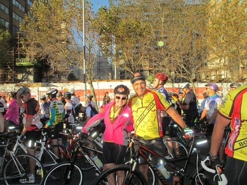 Caelia, the youngest in our group, and her dad Donald-ready to ride!