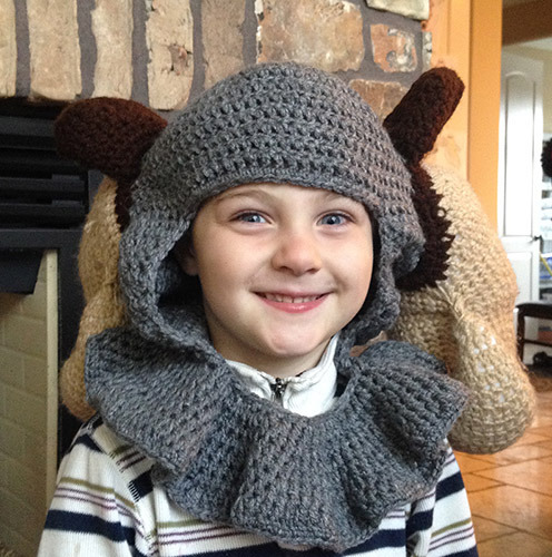Meatloaf in a crocheted Trolloc hat.