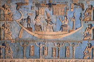 Osiris in the moon boat with Isis and Nephthys from Denderah; I'm not sure this is the one Griffiths is describing, but it's got to be close