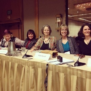 The Left Coast Crime X-Factor Panel (from right to left, Sara J. Henry, Robin Burcell, Lisa Brackmann, Marcia Clark and Kelli Stanley)