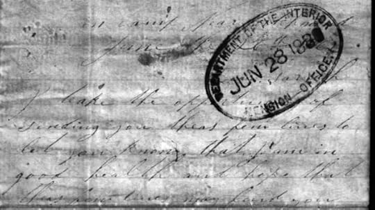 The first page of the letter written by Richey Cochran to Sarah Jane in June 1862, stamped with June 1880 when it was received by the Pension Bureau (Fold3)