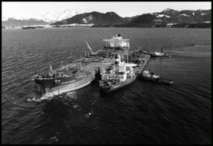 Following the grounding of Exxon Valdez (the larger of the two ships seen here) on Bligh Reef on March 24, 1989, its oil cargo was pumped into the Exxon San Francisco. It is estimated that 11 million gallons of crude seeped into Alaska’s Prince William Sound before the tanker was emptied.