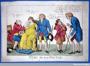 A group of physicians wrongly diagnosing the case of a pregnant woman. Coloured etching by I. Cruikshank, 1803. Image Credit: Wellcome Library, London.
