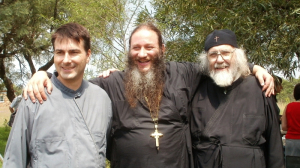 Fr Elias, Fr Pantelejmon & Deacon Stephen at the farewell party for Father Pantelejmon at the Descent of the Holy Spirit monastery in Gerardville