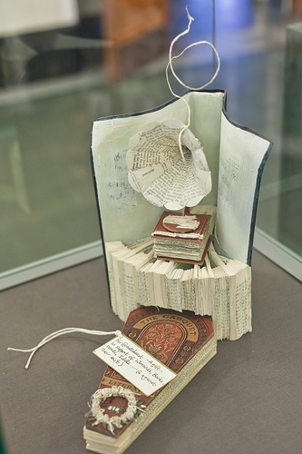 A gramophone and a coffin, sculpted from a copy of Ian Rankin’s Exit Music, and again deposited anonymously. The tag in this case read: For @natlibscot – A gift in support of libraries, books, words, ideas….. (& against their exit)