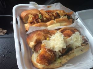 Ebi (shrimp) tempura dog on top and croquette (crispy mashed potato) dog on the bottom. I'd give both a solid meh. Akemi found the addition of rice in the croquette dog a bizarre double carb decision.