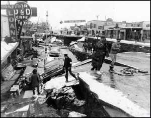 The Good Friday Earthquake on March 27, 1964, destroyed many businesses on Fourth Avenue in Downtown Anchorage. Along with National Guardsmen, U.S. Army soldiers from nearby Ft. Richardson helped guard the ravaged city.