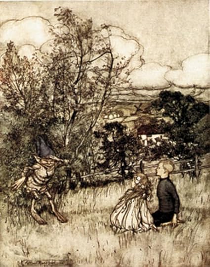 Rendering of Puck in field coming upon two human children