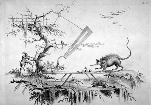 Photo: Proto-guillotine as rococo caprice: Filippo Morghen, "Una nuova macchina per fendere da Capo a Coda le fiere (A new machine in order to cleave from head to tail the wild beast)," an etching from his "Voyage to the Moon" series, c. 1764-72. (Indirectly via Evan Calder Williams who I guess is not on the facebook now.)