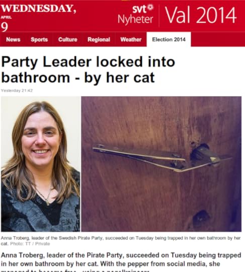 Anna Troberg trapped in bathroom by cat. Courtesy SVT.