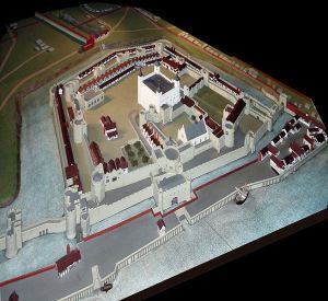 This model shows the Tower as it now stands, with the wharf extended down the river side, surrounding the rectangular St. Thomas's Tower.