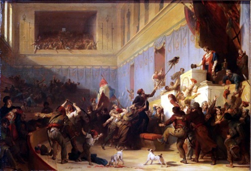A.E. Fragonard, «Boissy D'Anglas saluta la testa del deputato Féraud, I° Pratile Anno III (20 maggio 1795)», olio su tela, 1831. «L'Armata dei Sonnambuli», pagg. 761 - 762. Clicca per ingrandire.