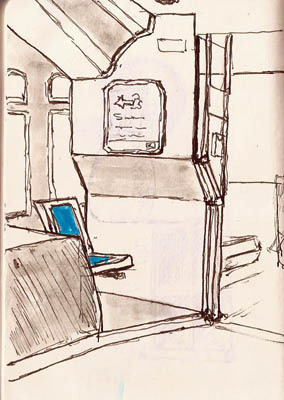 Got on a bus at a turnaround point. Was the only one on the bus, so I sketched the area behind the driver. Pilot Prera.