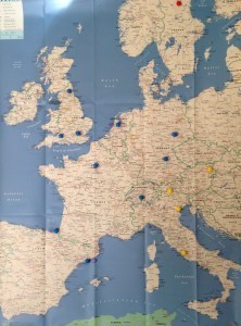 Map of Europe with push-pins in preparation for travel planning. Accompanies blog post by speculative fiction writer Cat Rambo.