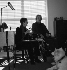 Me (and Wipeout) helping Byrne sift through her own memories -- this was the visit where she met the man taking this picture, my husband Gary