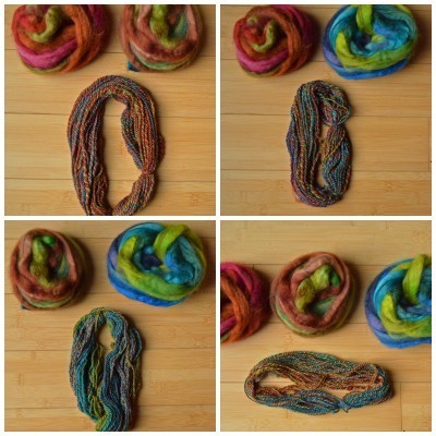 yarns from blended colorways. Top (L, R) 1+2, 1+3 Bottom (L,R) 2+3, all 3