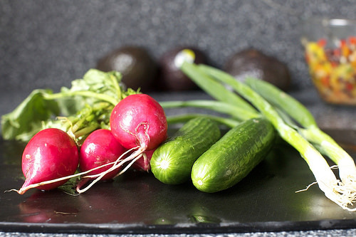 radishes, cucumbers, scallions