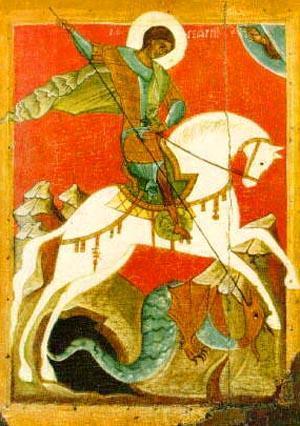 Icon of St. George the Victorious, slaying the dragon which had eaten all the young virgins of a North African town.