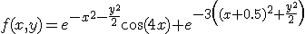 \light f(x,y)=e^{-x^2-\frac{y^2}{2}} \cos (4 x)+e^{-3<br /> \left((x+0.5)^2+\frac{y^2}{2}\right)} 