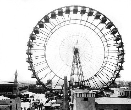 The first Ferris Wheel was built by George W. Ferris for the Columbian Exposition. It stood 250 feet high and had 36 cars that could each carry 40 people.