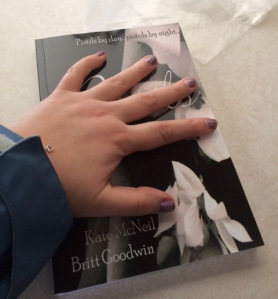 Here is a picture of me having my first touchy-feely moment with our novel. Of course I had to send a pic to my twin Kate! And yes, that's me, still wearing my jacket because ain't nobody got time to take it off when your book is waiting for you!