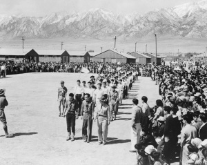 Evacuees of Japanese Ancestry Attending Memorial Day Services at Manzanar, California, a War Relocation Authority Center, May 1942, courtesy of Library of Congress