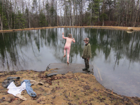 First swim of 2014. Fin's the first one in the pond every year