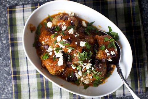 lamb meatballs with feta, olives and lemon