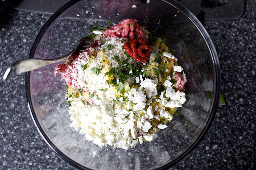 lamb, tomato pasta, breadcrumbs, egg, feta