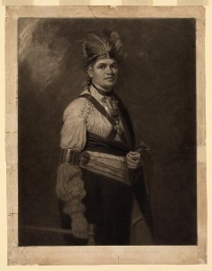 Joseph Brant, engraving of a portrait by George Romney, ca. 1776. Ephraim Douglass met with Joseph Brant at Fort Niagara, which was in British hands in 1783.