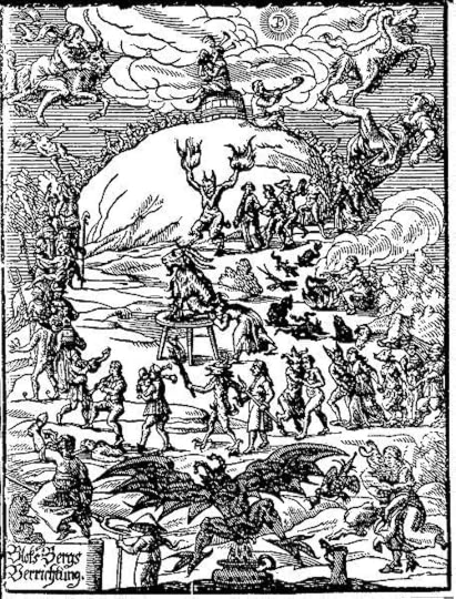 Title illustration of Johannes Praetorius (writer) (de)' Blocksbergs Verrichtung (1668) depicts the witches' festival and worship of the Devil commonly imagined to be celebrated on Walpurgis Night.