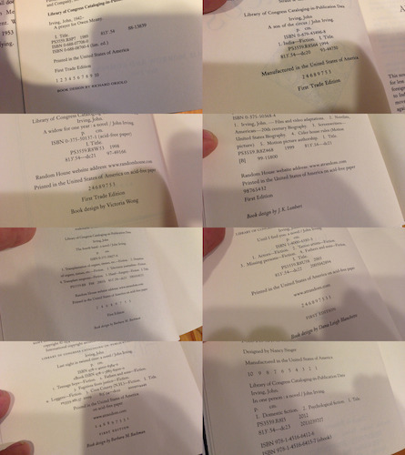 Nine John Irving novels, eight 1st editions 1st printings