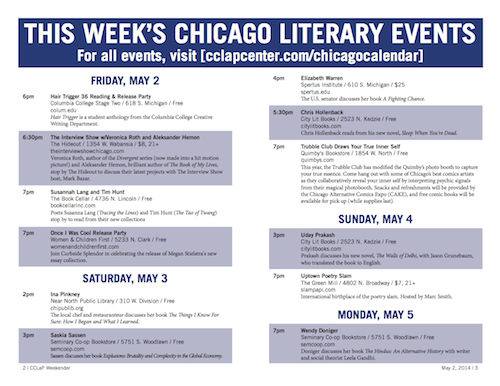 Sample page from the CCLaP Weekender's new Chicago literary events calendar