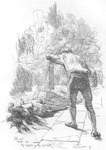 Engraving by T. H. Townsend, taken from the second edition of Jane Eyre (1847). Bertha Rochester smashed on the pavement.