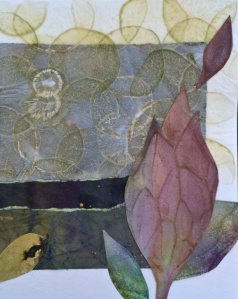 Collage on mixed-media paper: Monsoon Papers, handmade vegetable paper, glue.