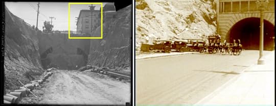 East view towards the west portal of the tunnel under construction, with the Hotel Stanly (box) looking down. A comparable view of the finished tunnel
