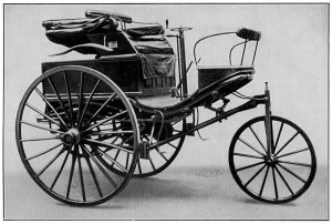 The Benz Patent-Motorwagen Number 3 of 1888, used by Bertha Benz for the highly publicized first long-distance road trip, 106 km by automobile. (Public domain via Wikipedia)