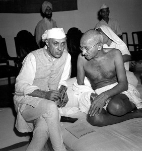 Pandit Nehru and Mahatma Gandhi during the All-India Congress Committee session, August 8, 1942, when the 