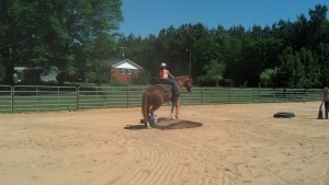 First-grader doing a riding demonstration for her class.