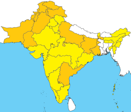 English: Map of the subcontinent showing areas where Urdu is official or co-official [orange] and where Hindi is official [yellow]. ~ Kwamikagami at English Wikipedia