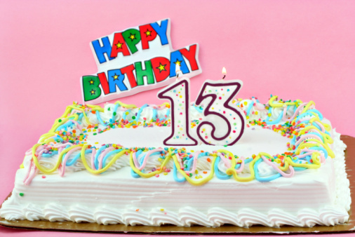 Birthday Cake with Number 13 Lit Candles