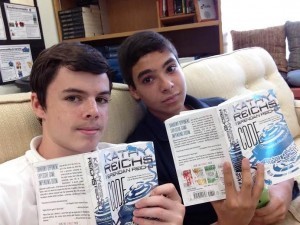 Dear Mrs. Kathy Reichs,<br /><br />Ok, so I might not be what you call and avid reader, but I really love your Virals books. I love the suspense and plot twists so much and I really hope you keep on writing. One of my favorite parts in Code was when Tory and the gang went to [SPOILER EDIT!]. All of us really love your books and we would be thrilled if you could come and visit us again at Ponce de Leon Middle School. -Ewan Hennessy<br /><br />I am Lior Colina and I attend Ponce de Leon Middle. For the past couple of weeks my language arts class has been reading your book Code. We have already read your first two books, Virals and Seizure, during the summer. I can speak for the whole class when I say that we were hooked from the start. When [SPOILER EDIT!] the student reading that part aloud had to stop and question what just happened. You and your son have made an absolutely addicting book. It would be a wonderful End of the Year event for us to be able to meet you in person. From a fan of your work, Lior Colina. (the boy on the right.)