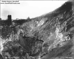 A bird’s eye view shows the great depth of the “Glory Hole” at the Treadwell Mine on Douglas Island circa 1900.