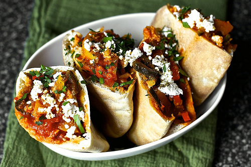 three-pepper shakshuka with feta and za'atar