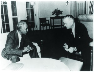 Roy Wilkins meets with President Lyndon B. Johnson at the White House to discuss strategies for securing passage of the Voting Rights Act of 1965. Prints and Photographs Division.